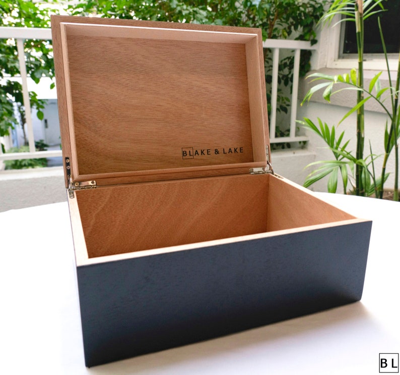 Large Wooden Box with Hinged Lid - Wood Storage Box with Lid - Oak Wood Box with Black Finish - Wood Storage Box - Decorative Boxes 