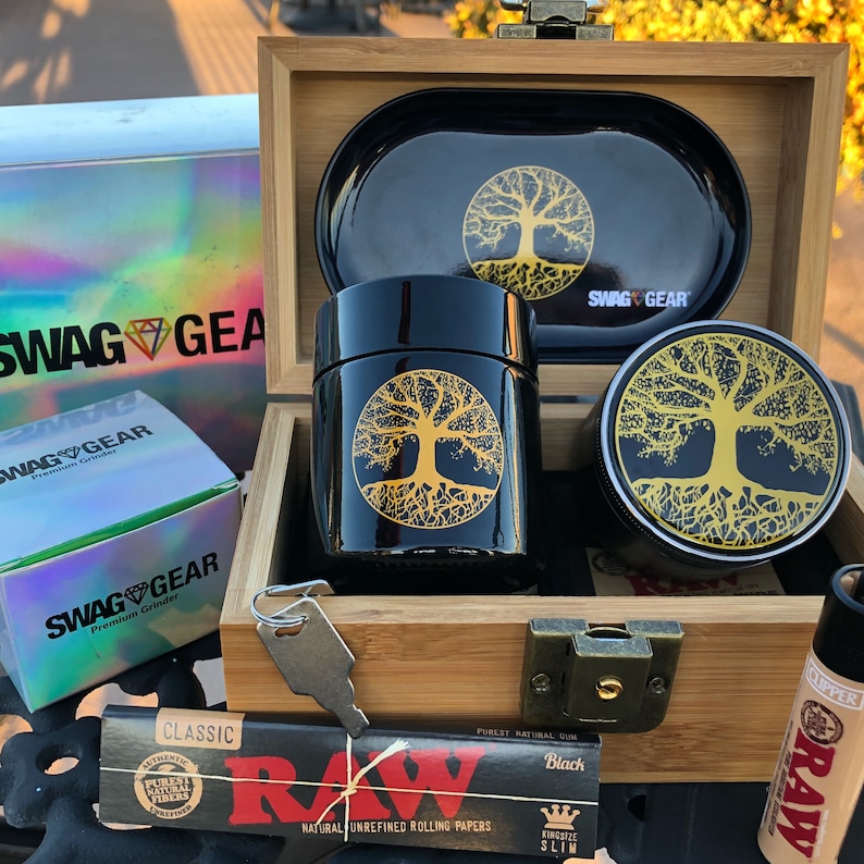 Tree of Life Stash Box Combo - Full Size Titanium Grinder Stash Jar Rolling Tray and More! - Large 4 Part Grinder - Locking and Engraved Box 