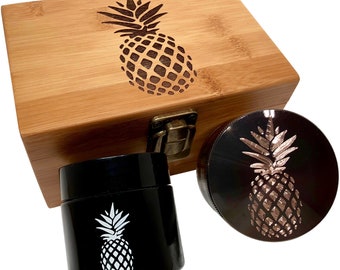 Pineapple Engraved Grinder Stash Box Combo - Large 4 Part Grinder - UV Glass jar - Engraved Wood Stash Box