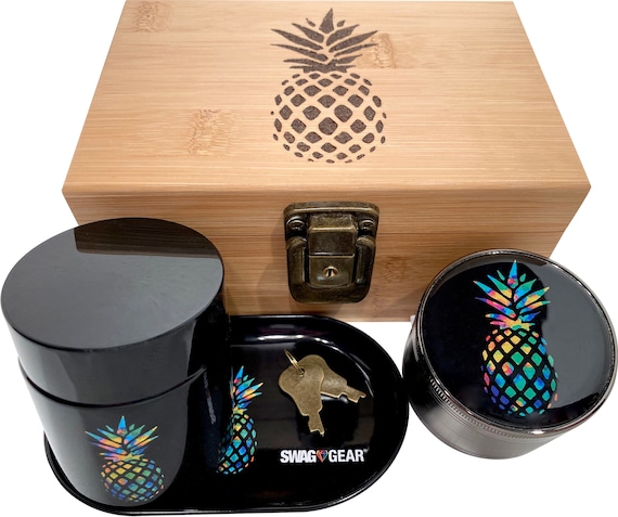 Pineapple Stash Box Combo Locking Stash Box With Accessoties Pineapple 4  Part Grinder Stash Jar and Rolling Tray Set 