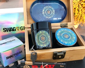 Blauwe mandala opbergdoos: afsluitbare houten kist met grinder en pot
