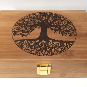 Tree of Life Engraved Wooden Keepsake Box Premium Quality Bamboo box with Gold Latch for storage and keepsakes Memory boxes Smell Proof