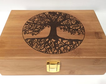 Tree of Life Engraved Wooden Keepsake Box Premium Quality Bamboo box with Gold Latch for storage and keepsakes Memory boxes Smell Proof