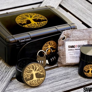 Tree of Life Stash Box Combo with Lock - Black Locking Smell Proof Case! Comes with Herb Grinder Stash Jar Rolling Tray - 100% Odor proof