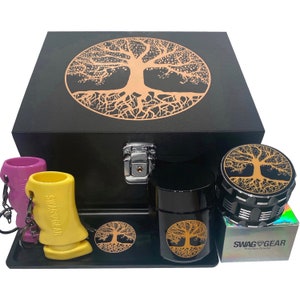 Tree of Life Stash Box Combo Locking Stash Box Grinder Stash Jar and Rolling Tray - 4 Part Herb Grinder - Brand New and Bigger Combo!