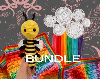 BUNDLE - 3 x Crochet Patterns - Blanket, Amigurumi Bee, Rainbow Wall Hanging