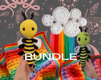 BUNDLE - 4 x Crochet Patterns - Blanket, 2 Amigurumi Bees, Rainbow Wall Hanging