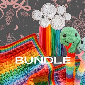May include: A rainbow crochet baby blanket, two crocheted rainbow snakes, and a rainbow macrame wall hanging with the word "BUNDLE" in the center.