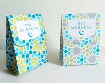 2 Eid Mubarak Favor Boxes - PRINTABLE - 2 DESIGNS Eid Gift Bags Islamic Art Muslim Kids Ramadan Kareem Digital Download Green Blue Arabesque