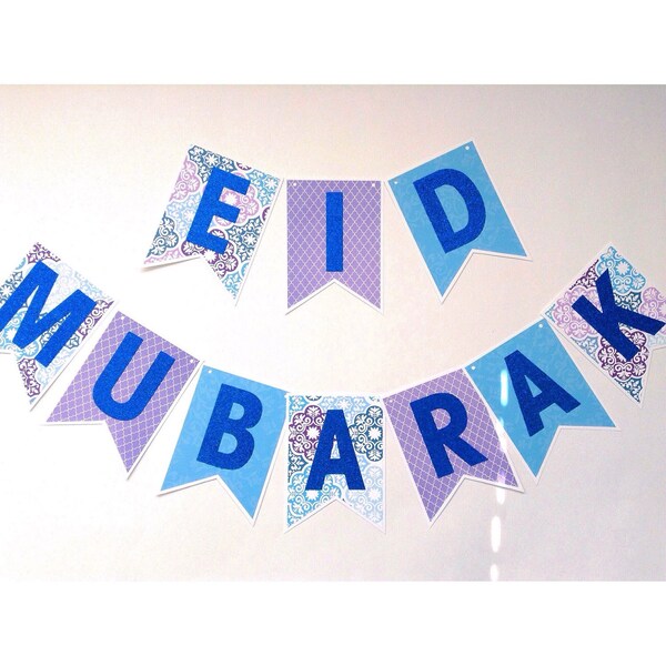 Eid Mubarak Banner - feliz Eid Ul Fitr Al Adha Hayy Umrah Islam musulmanes regalo azul púrpura del Damasco