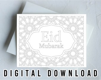 PRINTABLE Eid Colouring Card - Color in - DIGITAL Eid Mubarak Moroccan Islamic Decor Ramadan Islamic Art Gift