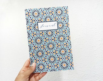 Notebook - 6x9" - 120 lined pages - Blue & Orange Moroccan Geometric Pattern - Writing Diary - Journal - Note taking - Gift ideas for Her