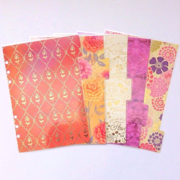 A5 Planificador separadores - Set de 5 - Floral laminado - oro de hoja - primavera - Filofax Kikkik Agenda rosa grande azul turquesa Teal otoño