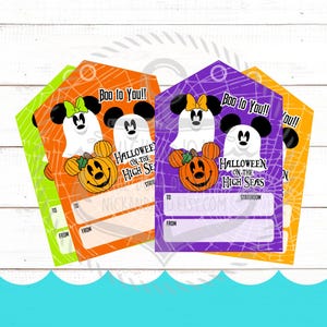 May include: A set of rectangular Halloween gift tags in bright orange, purple, and lime green featuring a spiderweb pattern. Each tag displays two ghost characters with mouse ears, a jack-o'-lantern, and the text Boo to You!! Halloween on the High Seas.