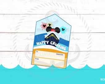 May include: A blue and yellow cruise ship gift tag with Mickey Mouse ears and fireworks. The tag says "Happy Cruising" and has spaces to write "To" and "From" and a stateroom number.