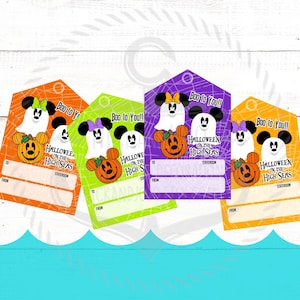 May include: Four Halloween gift tags featuring Mickey Mouse and Minnie Mouse dressed as ghosts. The tags are orange, purple, green, and yellow with a spiderweb design. The text on the tags reads "Boo to You!" and "Halloween on the High Seas".