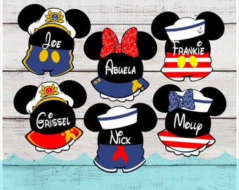 May include: Six Mickey Mouse and Minnie Mouse head silhouettes with sailor hats and different colored outfits. The names "Joe", "Abuela", "Frankie", "Grissel", "Molly", and "Nick" are written on the heads.