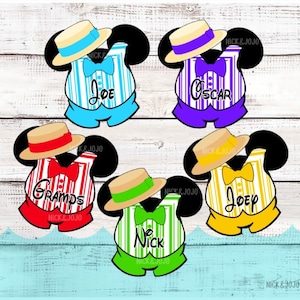 May include: Five Mickey Mouse-shaped designs with different colored clothing and hats. Each design has a name on it: Joe, Oscar, Gramps, Nick, and Joey.