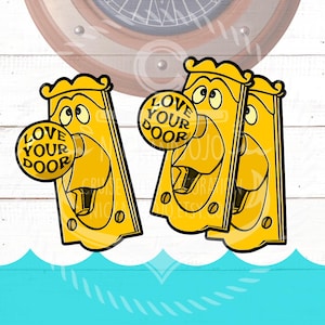 May include: Yellow cartoon door knobs with the text "LOVE YOUR DOOR" on the doorknob. The door knobs have a smiling face and are set against a white wood background with a blue wave design.