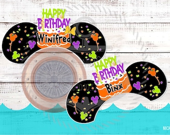 May include: Two black and orange Mickey Mouse ears with a birthday cake design. The ears have confetti and balloons. The text on the ears reads "Happy Birthday Winifred" and "Happy Birthday Binx".