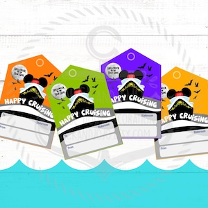 May include: Four Halloween-themed gift tags with a Mickey Mouse character on a cruise ship. The tags are orange, green, purple, and yellow. Each tag has the text "Happy Cruising" and "Halloween on the High Seas".