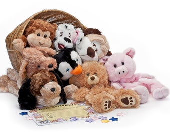 8 Inch Unstuffed Animal kits, PACK OF 10 With Animals, Stuffing and PDF file for Birth Certificate -Build Your own bear teddy bear party