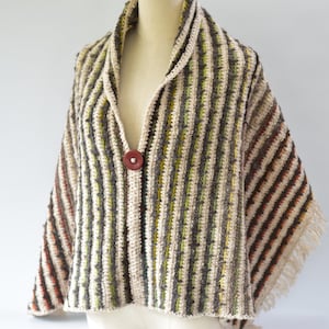 Rustic striped heavy poncho with fringe in pure wool