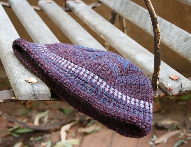 Men/'s skull cap beanie in maroon and multi coloured tunisian crochet
