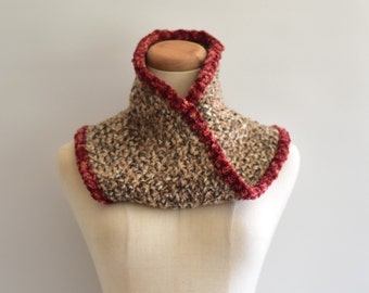 Tweedy textured cowl with burgundy chenille trim