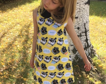 ready to ship 4/5T back to school dress yellow camera dress collar girls a line dress toddler dress shift dress town-o 1960s dress retro