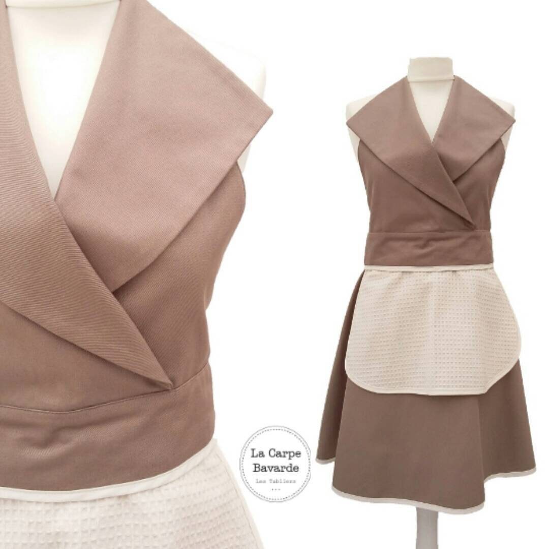 Tablier de Cuisine Femme - Col Tailleur Essuie-Main Amovible Taupe