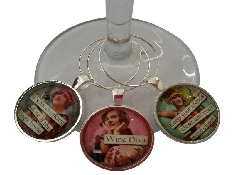Vintage Women Funny Wine Glass Charms Silver Case Wine Tags Set of 6 Wine Charms