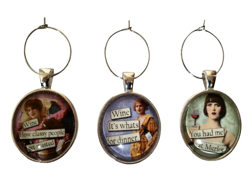 Vintage Women Funny Wine Glass Charms Silver Case Wine Tags Set of 6 Wine Charms