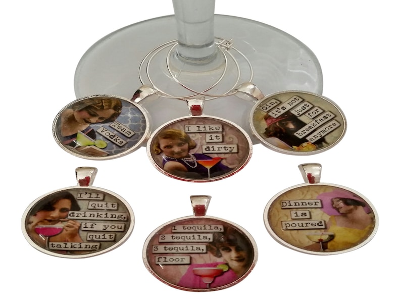 Vintage Women Funny Wine Glass Charms Silver Case Wine Tags Set of 6 Wine Charms