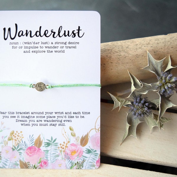 Wanderlust Bracelet - Wanderlust Gift for her - Travel gift women - Boho bracelet - wanderlust jewelry - inspirational quote card - floral