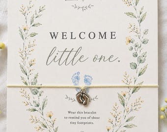 New baby - congratulations on new baby - card for parents - baby footprints - wish bracelet - welcome little one
