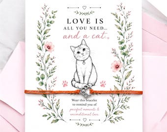 Cat Lover Wish Bracelet: Paw Charm, Inspirational Quote Card