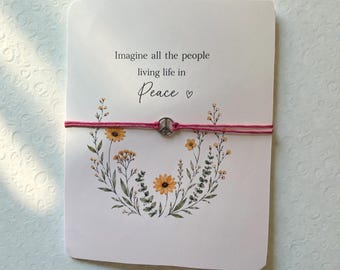 Peace wish bracelet - peace sign charm - imagine- peace greeting card
