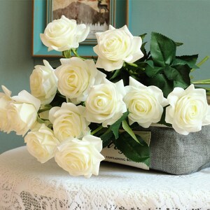 White Roses Wedding Flowers Silk Roses Latex Real Touch Ivory Flowers for Bridal Flowers DIY Wedding Anniversary Decor WXE-008