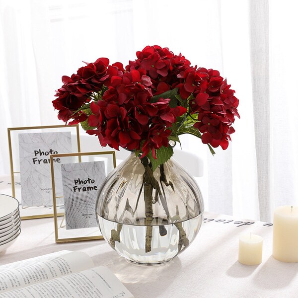 Dar Red Hydrangea Real Touch Flowers for Fall Wedding Decoration Artificial Hydrangea Flowers Silk Hydrangea Floral Arrangement YW-8002c