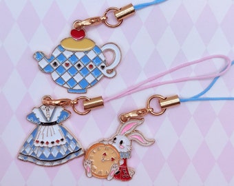 Alice in Wonderland phone charms rabbit dress teapot journal diary zipper purse