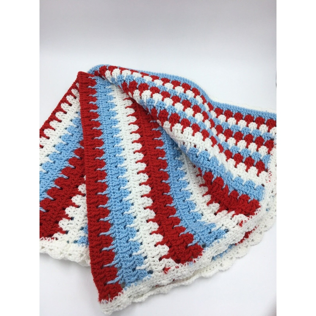 Vintage Handmade Crochet Afghan Blanket Mile a Minute Red White Blue 42