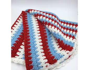 Vintage handmade crochet afghan blanket mile a minute red white blue 42 x 54