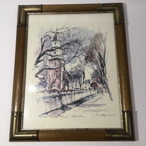 Bruton Parish Church watercolor - Williamsburg Virginia - John Haymson signed lithograph - wood and brass framed