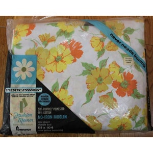 Vtg 70s Floral Flat sheet Double Linens New Penn Prest No Iron Muslin Yellow