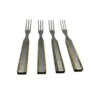 Vtg Mid Century Teak Wood Handle Forks Set of 4 Stainless Meat Dessert Cocktail