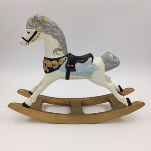 1989 Hand painted ceramic rocking horse, gold with blue, signed Goldie Morris, 16.5&quot; long x 13&quot; high