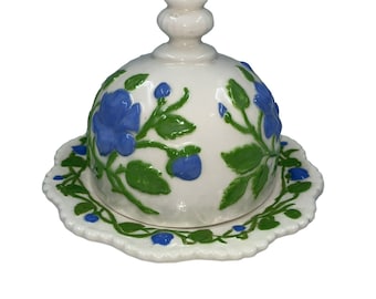 SELTENE VTG Keramik Kuppel bedeckt Butter Käse Teller Blaukohl Rose Hand bemalt