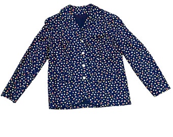 Vintage marineblaue florale Blazer Jacke Größe Medium handgefertigt gefüttert Knopf vorne Retro Gänseblümchen Tulpe Muster