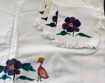 Vintage Tablecloth Napkin Set of 4 Purple Green Floral Painted Birds Linens